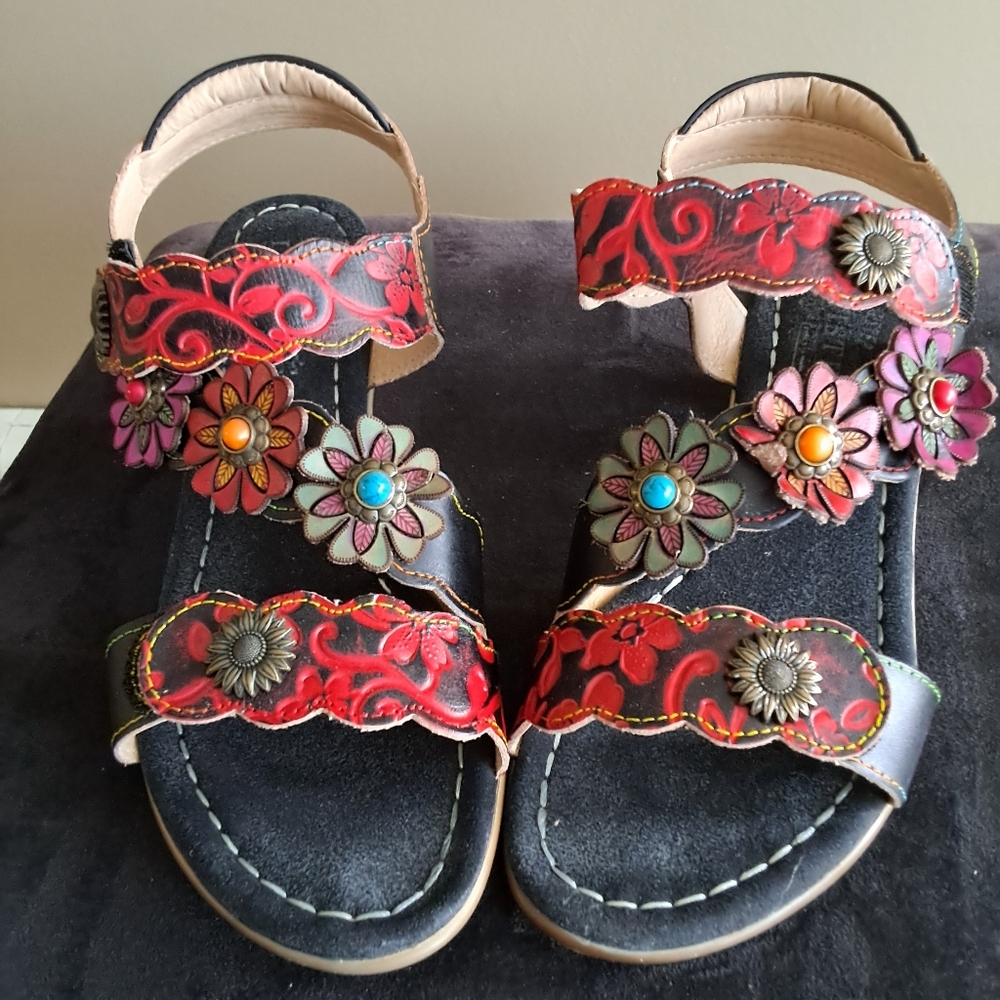 Spring Step L'artiste Red and Black Floral Sandals